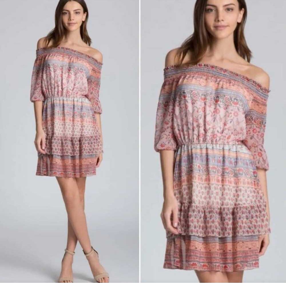 Shoshanna Silk Chiffon Boho Print Off the Shoulder Tiered Mini Dress 4
